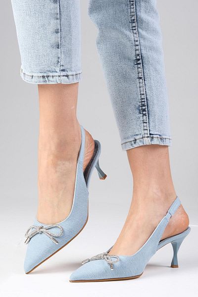 Mio Gusto Pantofi de damă cu toc Alexis Ice Blue Denim Tesatura Spate Deschis Stone Bow