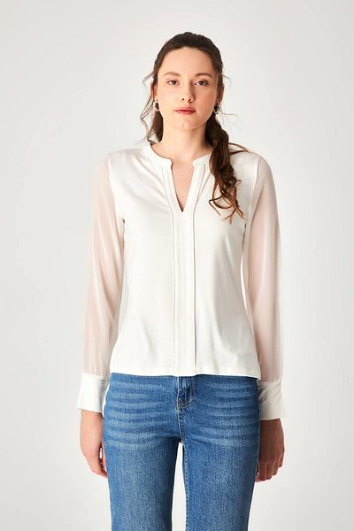 Hanna's by Hanna Darsa Women's Round Open Neck Long Chiffon Sleeve Blouse