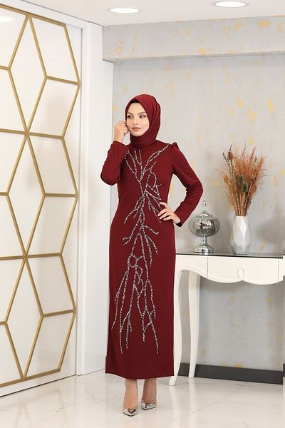 Surikka Απλικέ Κεντημένο Μολύβι Tuana Hijab Φόρεμα Claret Red