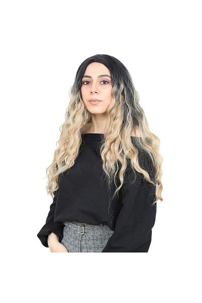 KONAK PERUK Water Wave Long Rivetless Fiber Synthetic Wig - Black / Honey Foam Ombreli