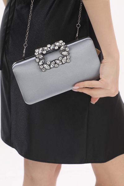 womenacs Țesătură din satin de culoare platină, cu motiv de flori, rochie de seară cu pietre în mână și curea, portofoliu, geantă de seară