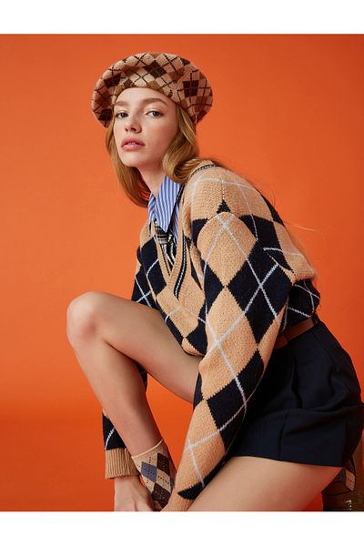 Koton Oversize Knitwear Sweater with Diamond Pattern