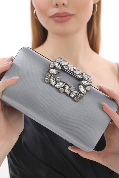 womenacs Țesătură din satin de culoare platină, cu motiv de flori, rochie de seară cu pietre în mână și curea, portofoliu, geantă de seară