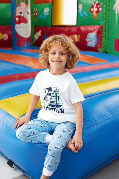 İYİBU Aydoğan Short Sleeve Boy's Pajama Set Ship Patterned Cotton