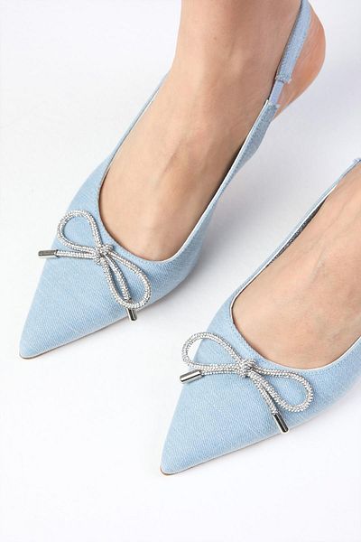 Mio Gusto Pantofi de damă cu toc Alexis Ice Blue Denim Tesatura Spate Deschis Stone Bow
