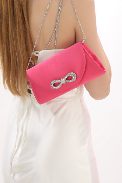 Piedra Fuchsia Colored Satin Fabric Evening Dress Bag with Stone, Magnetic Cover and Can Be Used in Hand and with Shoulder Strap