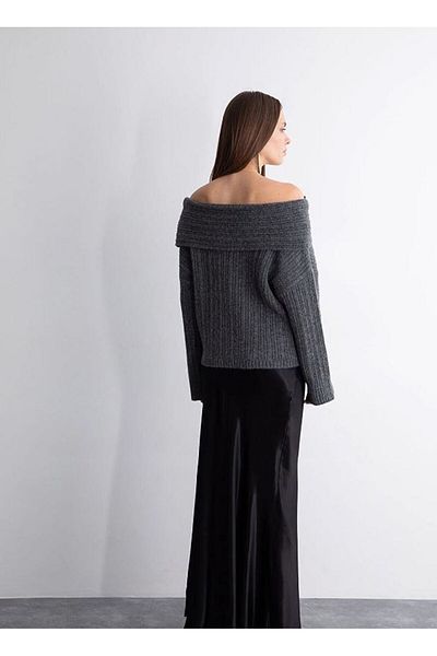 My Blog Women's Anthracite Ruffle Collar Ribbed Sweater
