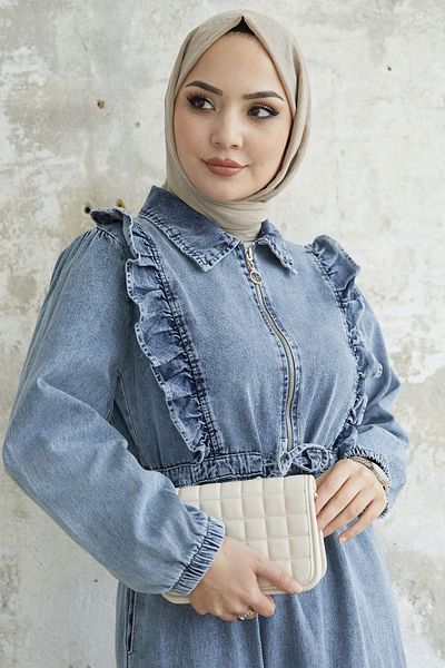 InStyle Rochie din denim cu curea tunel cu volante - Albastru