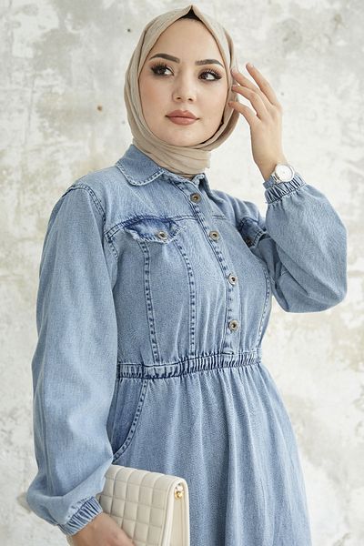 InStyle Τζιν Φόρεμα με κουμπιά με λάστιχο μέσης - γαλάζιο