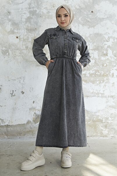 InStyle Rochie din denim cu nasturi cu talie elastica - gri