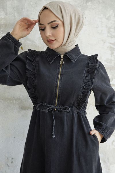 InStyle Rochie din denim cu curea tunel cu volante - neagră