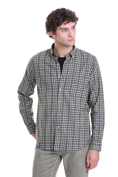 Hatemoğlu Haki Comfort Fit Kareli Düğmeli Yaka Uzun Kollu Casual Gömlek