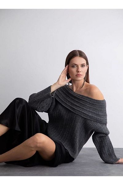 My Blog Women's Anthracite Ruffle Collar Ribbed Sweater