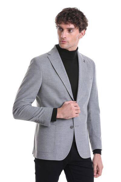 Hatemoğlu Gray Slim Fit Plain Mono Collar Casual Jacket