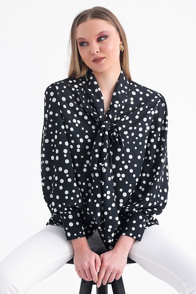 MD trend Women's Tie Collar Polka Dot Patterned Balloon Sleeve Oversize Shirt with Shoulder Gather Detail