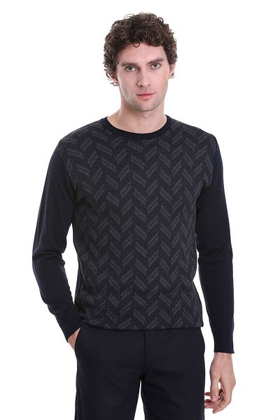 Hatemoğlu Navy Blue Regular Fit Jacquard Crew Neck Wool Knitwear Sweater