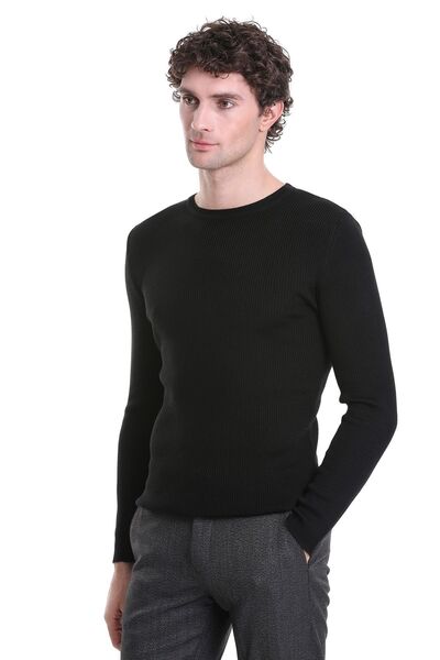 Hatemoğlu Siyah Slim Fit Fitilli Bisiklet Yaka Yünlü Triko Kazak