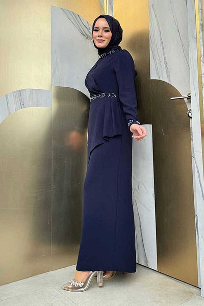 Bym Fashion Βραδινό Φόρεμα Cross Look Πέτρινο Κεντημένο με Φούστα 3874 Navy