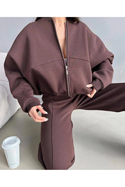 My Blog Braunes Trainingsanzug-Set für Damen mit Hose und Ziernähten vorne