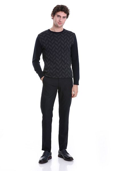 Hatemoğlu Navy Blue Regular Fit Jacquard Crew Neck Wool Knitwear Sweater