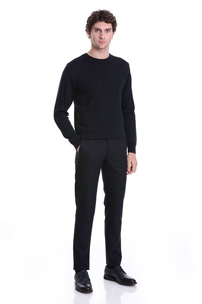 Hatemoğlu Πλεκτό πουλόβερ με μάλλινη λαιμόκοψη Navy Blue Regular Fit Jacquard
