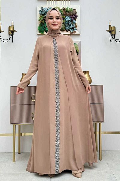 Bym Fashion Φόρεμα σάλι με λεπτομέρεια κεντήματος Cape 3868 Mink