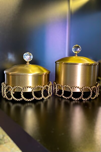 LEMİ DEKORASYON Zincir Eskitme Kristal Kapaklı 2 Li Kutu