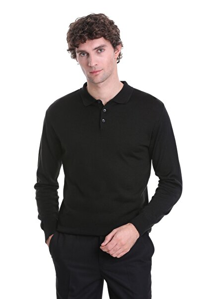 Hatemoğlu Siyah Regular Fit Düz Polo Yaka Triko Kazak