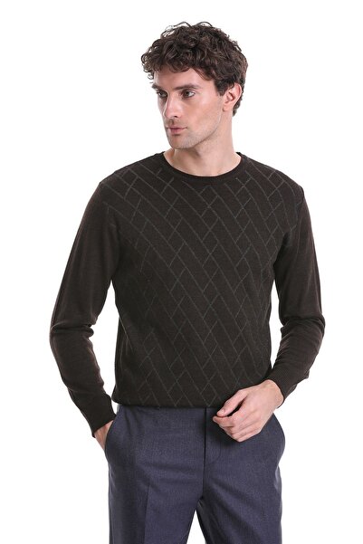 Hatemoğlu Кафяв вълнен трикотажен пуловер с кръгло деколте и стандартна кройка