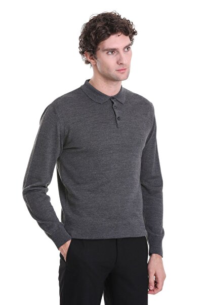 Hatemoğlu Gri Regular Fit Düz Polo Yaka Triko Kazak