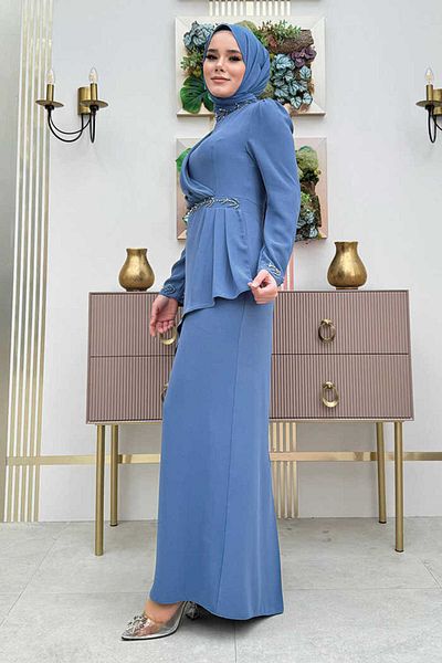 Bym Fashion Cross Look Skirt Stone Embroidered Evening Dress 3874 Indigo
