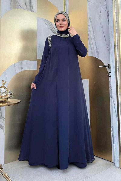 Bym Fashion Φόρεμα με λεπτομέρεια από πέτρα λαιμού και ώμου 3876 Navy Blue