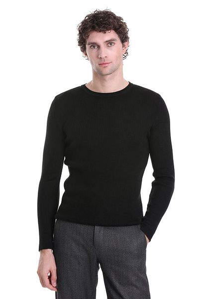 Hatemoğlu Black Slim Fit Corded Crew Neck Wool Knitwear Sweater