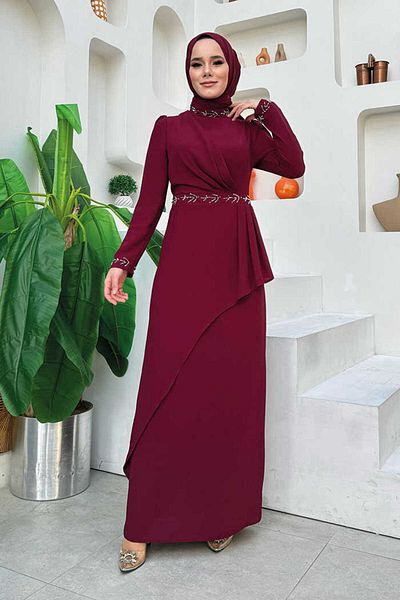 Bym Fashion Cross Look Stone Embroidered Evening Dress with Skirt 3874 Claret Red