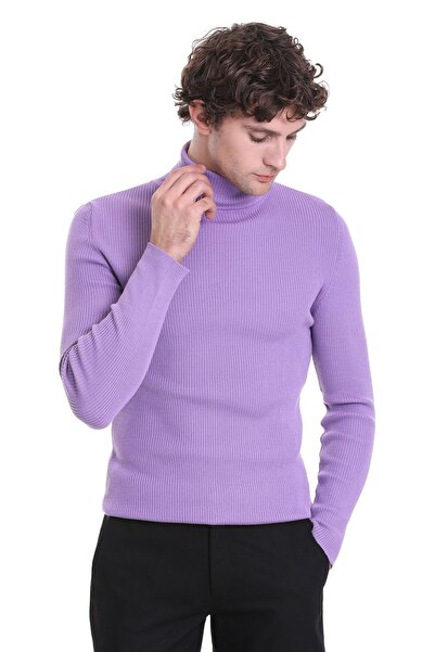 Hatemoğlu Lila Slim Fit Fitilli Balıkçı Yaka Yünlü Triko Kazak