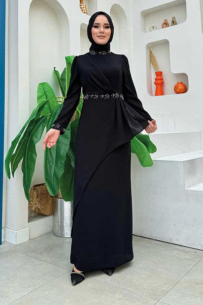 Bym Fashion Βραδινό Φόρεμα Cross Look Πέτρινο Κεντημένο με Φούστα 3874 Μαύρο