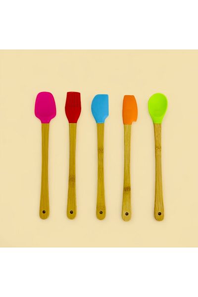 ELZEY HOME Bamboo Handle Colorful Silicone Tip 5-Piece Dinner Spoon Set 23 cm