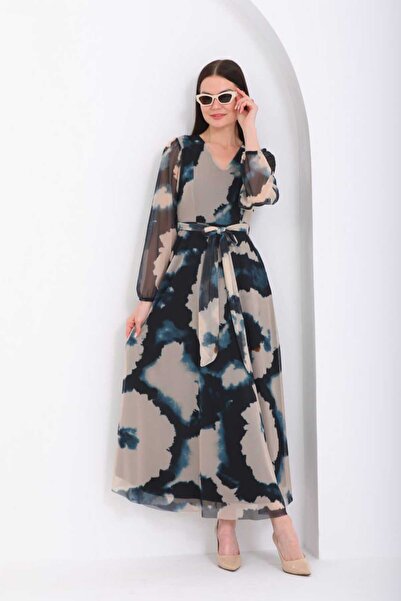 CİXAPLE Baskılı V Yaka Maxi Boy Elbise