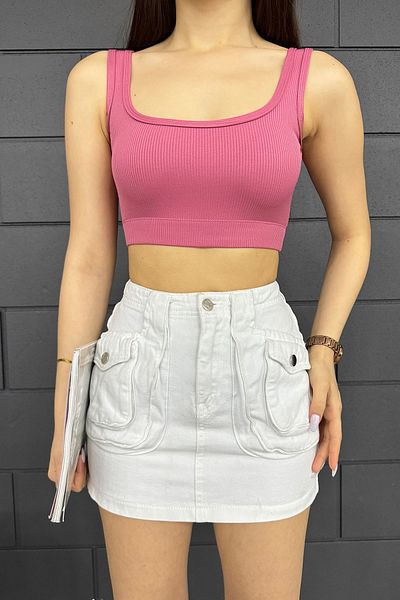 Sun Victoria Women's Pink Square Neck Corded Crop Blouse