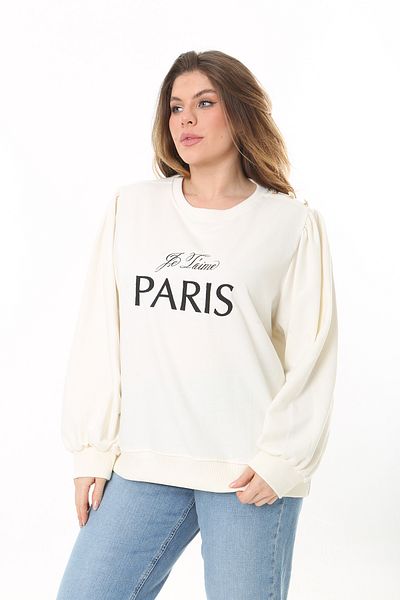 Şans Women's Large Size Bone Shoulder Gathered Embroidery and Ornamental Button Detailed Sweatshirt 65N37526