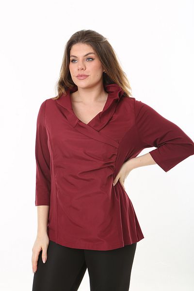 Şans Women's Plus Size Burgundy Collar and Taffeta Fabric Blouse 65N37535