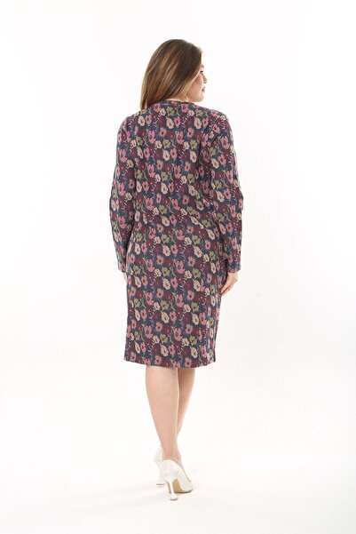 Şans Women's Plus Size Colorful Cup and Pocket Detailed Long Sleeve Patterned Dress 65N37541