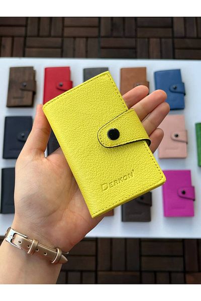 DERKON 100% Genuine Leather Accordion Card Holder Yellow Color