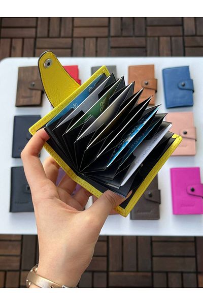 DERKON 100% Genuine Leather Accordion Card Holder Yellow Color