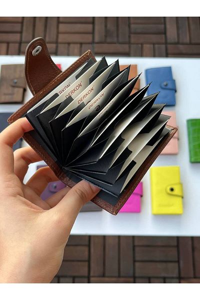 DERKON 100% Genuine Leather Accordion Card Holder Tan Color