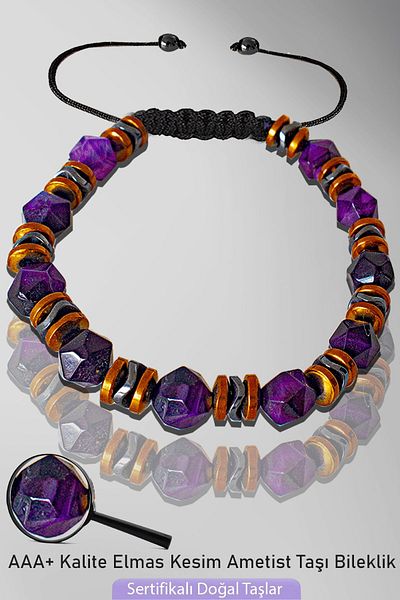 Tesbih Atölyesi Rose Hematite Diamond Cut Natural Amethyst Bracelet - Certified and Adjustable
