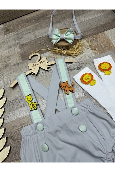 Feriatolye Safari Concept Lion Tiger Giraffe Themed Gray Baby Boy Salopet