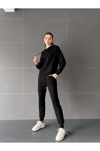 shopshop Γυναικείο Modal Fabric Μαύρο Σετ φόρμας με κουκούλα καγκουρό με μανσέτα