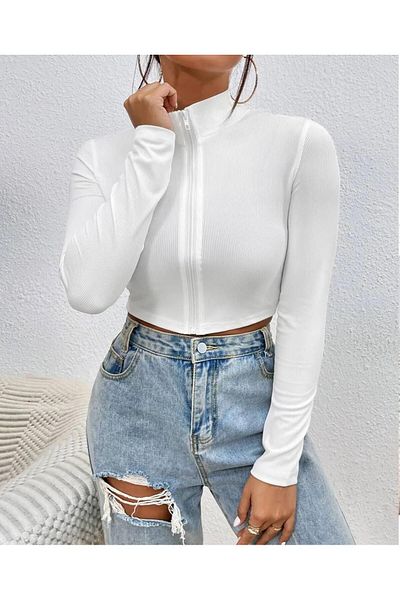 BNK Shop Γυναικεία πλεκτή μπλούζα με μακρυμάνικο γιακά με φερμουάρ