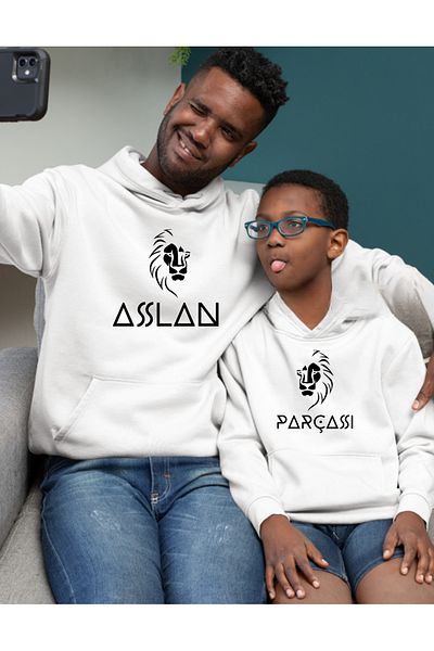 AEMİ Lion Piece Printed Father Son Oversize Hooded Sweatshirt